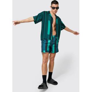 👉 Gestreept Boxy Viscose Overhemd En Zwembroek Set, Green