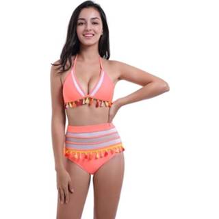 👉 Badpak oranje l active Sexy Hanging Hals Split Hoge Taille Kant Bikini, Grootte: (Oranje)