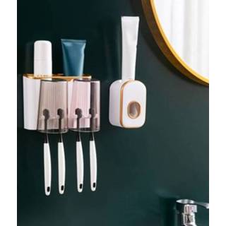 👉 Tandenborstel gouden active Badkamer Wandmontage Punch-Free Wash Cup Rack Squeeze Tandpasta Set Twee (met Squeezer)