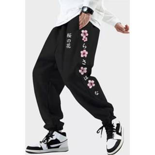 👉 Sweatpant polyester s male zwart Mens Japanese Cherry Blossoms Side Print Street Drawstring Sweatpants