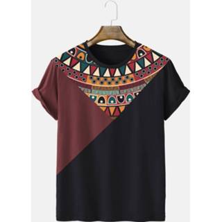 👉 Short sleeve polyester s male zwart Mens Geometric Print Color Block Ethnic Style T-Shirts