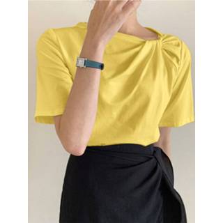 👉 Short sleeve polyester s vrouwen zwart Solid Asymmetrical Neck Twisted Casual Blouse