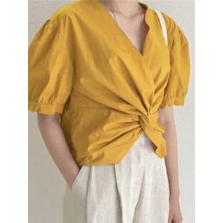 👉 Colortwist polyester s vrouwen wit Solid Color Twist Pleats Knot Back Zipper Elegant Blouse