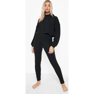 👉 Gerecyclede Geborstelde Geribbelde Hoodie En Leggings Set, Black