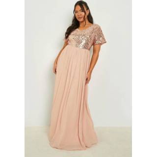 👉 Plus Maxi Jurk Met Pailletten En Kapmouwen, Pink