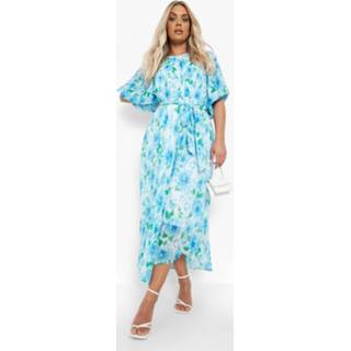 👉 Plus Geplooide Bloemen Midi Jurk Met Pofmouwen, Blue