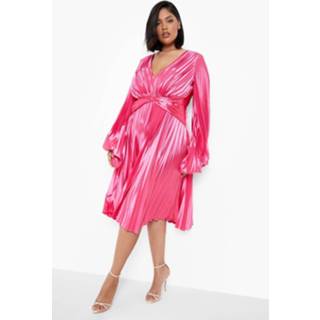 👉 Plus Satijnen Geplooide Midi Jurk Met Shirtmouwen, Hot Pink
