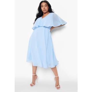 👉 Plus Chiffon Midi Wikkel Skater Jurk Met Cape Mouwen, Sky Blue