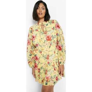 👉 Plus Chiffon Bloemen Skater Jurk Met Hals Strik, Yellow