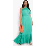 👉 Plus Geweven Maxi Jurk Met Franjes, Eén Blote Schouder En Laagjes, Green