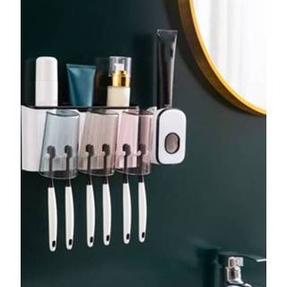 👉 Tandenborstel zwart active Badkamer Wandmontage Punch-Free Wash Cup Rack Squeeze Tandpasta Set Three Black (met Squeezer)