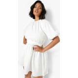 👉 Plus Poplin Skater Jurk Met Pofmouwen, White