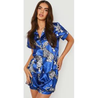 👉 Satijnen Tijgerprint Pyjama Set Met Shorts, Navy