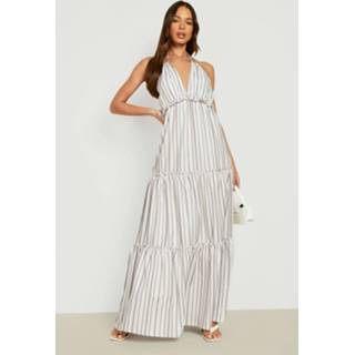 👉 Gestreepte Halter Maxi Jurk Met Bandjes En Laagjes, Stone