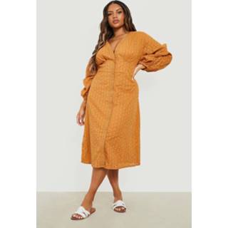 👉 Plus Broderie Midi Jurk Met Volle Mouwen, Tan