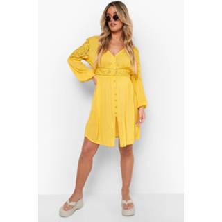 👉 Zwangerschap Boho Midi Skater Jurk Met Kanten Insert, Mustard