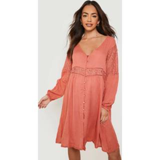 👉 Zwangerschap Boho Midi Skater Jurk Met Kanten Insert, Rust