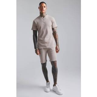 👉 Wafel Gebreide Kraagloze Polo Met Textuur En Shorts Set, Sand