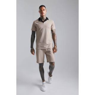 👉 Slim Fit Polo Met Contrasterende Revers Kraag En Shorts Set, Sand