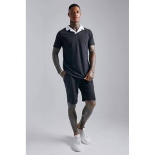 👉 Slim Fit Polo Met Contrasterende Revers Kraag En Shorts Set, Black