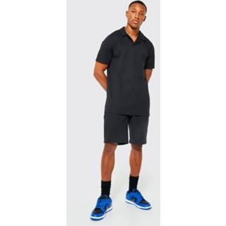 👉 Slim Fit Set Met Polo Met Revers Kraag En Shorts Met Biezen, Black