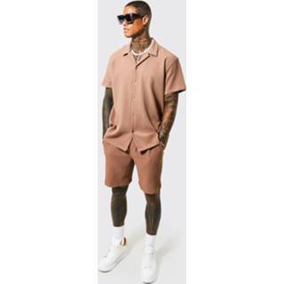 👉 Oversized Geplooid Overhemd Met Korte Mouwen En Shorts, Mocha