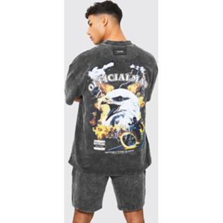 👉 Oversized Acid Wash Gebleekte Eagle Set Met Shorts En Print, Charcoal