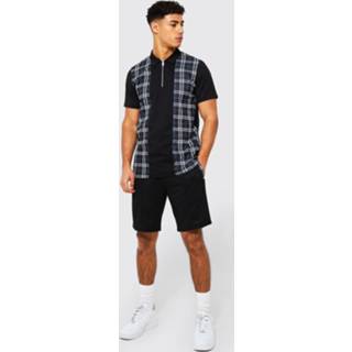 👉 Contrasterende Jacquard Slim Fit Polo En Shorts Set, Black