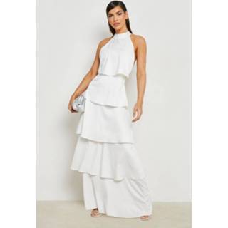 👉 Satijnen Halter Maxi Jurk Met Laagjes, Ivory