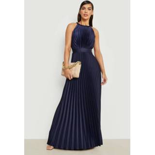 👉 Geplooide Satijnen Maxi Jurk Met Hoge Hals, Navy