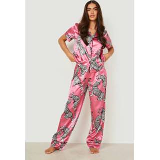 👉 Satijnen Tijgerprint Pyjama Set Met Broek, Pink