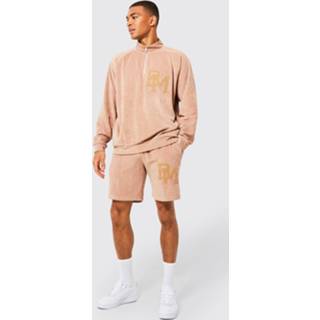 👉 Oversized Velours Bm Trainingspak Met Korte Rits En Shorts, Taupe