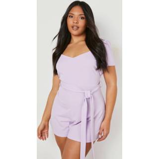 👉 Plus Romper Met Harvormige Hals, Ceintuur En Pofmouwen, Lilac