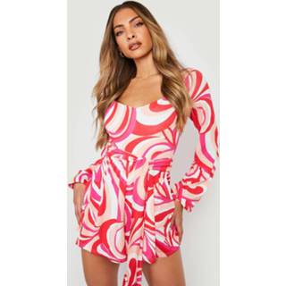 👉 Romper Met Abstracte Print En Volle Mouwen, Red