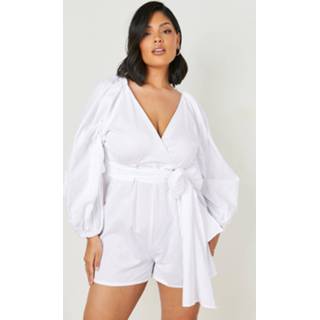 👉 Plus Linnen Romper Met Korte Volle Mouwen, White