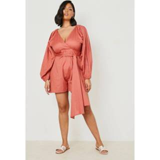 👉 Plus Linnen Romper Met Korte Volle Mouwen, Terracotta