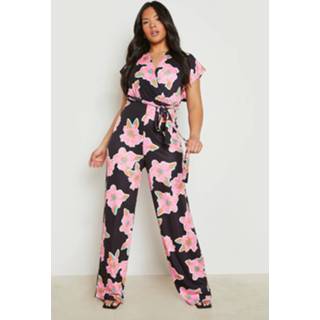 👉 Plus Bloemen Wikkel Jumpsuit Met Ceintuur, Black