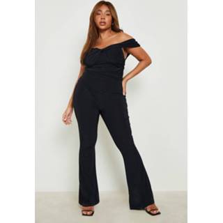 👉 Plus Strakke Geplooide Off Shoulder Jumpsuit Met Wijde Pijpen, Black