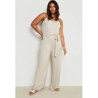 👉 Plus Jersey Wide Leg Jumpsuit Met Bandjes, Stone