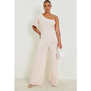Plus Strakke Wide Leg Jumpsuit Met Eén Open Schouder, Blush