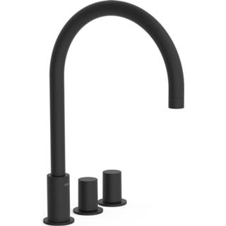 👉 Wastafel mengkraan zwart Wastafelmengkraan Tres Study Exclusive 3-Gats Kraan Links met Draaiknoppen Uitloop Gebogen 21,5 cm Rond Mat 8429546473925