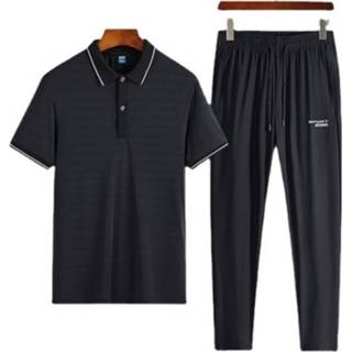 👉 Poloshirt zwart zijde l active mannen 2 in 1 zomer ijs polo shirt korte mouwen T-shirt + broek Casual sport pak voor middelbare leeftijd en oudere (kleur: Maat: L)