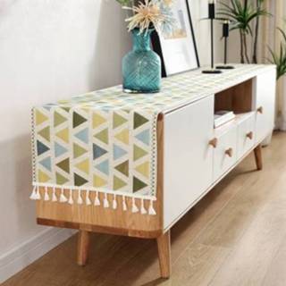 👉 Tafelkleed geel groene polyester active Home TV Cabinet Schoenkast Chenille Tassel Tafelkleed, Grootte: 35x250cm (geel-groene driehoek)