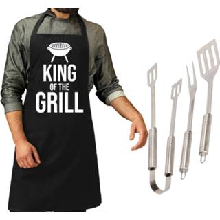 👉 Schort zwart zilver RVS Barbecue/bbq gereedschap 3-delige set 33 cm van met King of the grill