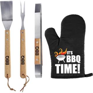 👉 Barbecuegereedschap multi houten RVS metaal Luxe barbecue gereedschap set met handgrepen 3-delig BBQ handschoen It's Time!