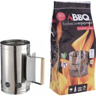 👉 Handvat zilver RVS houten Barbecue briketten starter met 27 x 17 cm 80x BBQ aanmaakblokjes