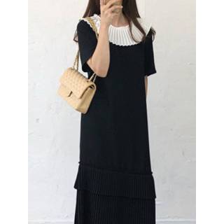 👉 Short sleeve polyester s vrouwen zwart Pleats Contrast Neck Calf Length Casual Dress