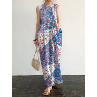 👉 Sleeveless polyester s vrouwen donkergroen Floral Print Pocket Round Neck Maxi Dress