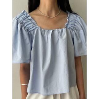 Short sleeve polyester s vrouwen wit Solid Pleated Square Collar Blouse