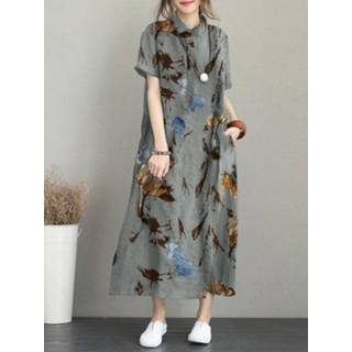 👉 Short sleeve cotton s vrouwen donkergroen Flower Print Pocket Button Lapel Casual Dress